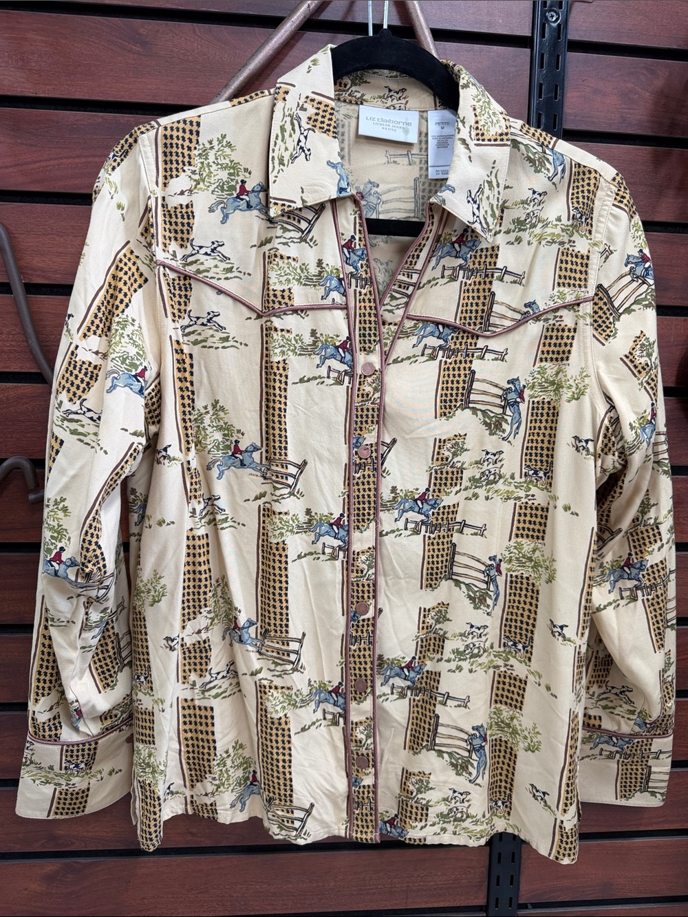 Liz Claiborne Cream Equestrian Print Button-Down Shirt Missing button